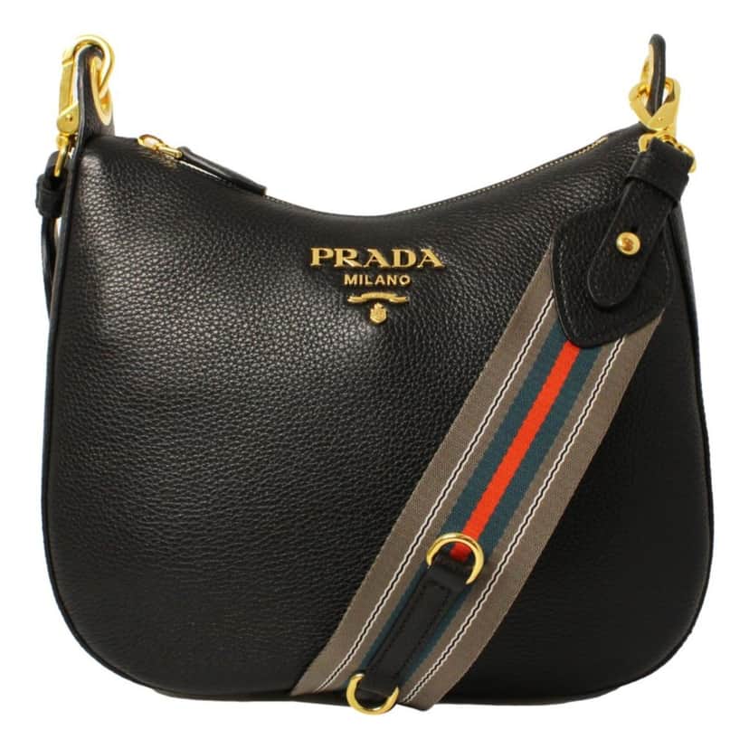 Prada Prada Black Vitello Phenix Leather Web Stripe Strap Crossbody Black Leather Never worn - Front View