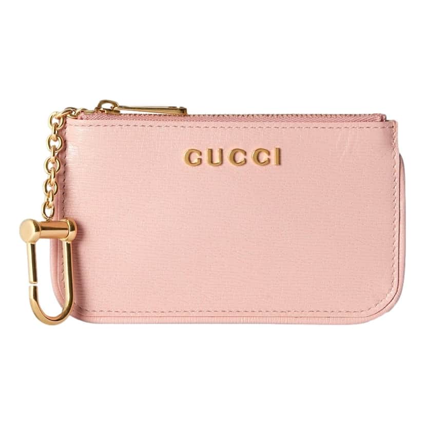 Gucci Gucci Zip Key Case Pink Leather Card Holder Gold Logo Script Pink Leather Never worn - Front View