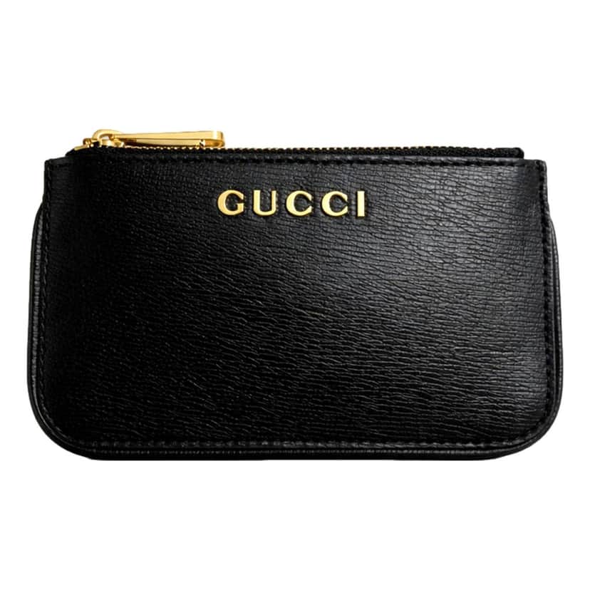 Gucci Gucci Zip Key Case Black Leather Card Holder Gold Logo Script Black Leather Never worn - Front View
