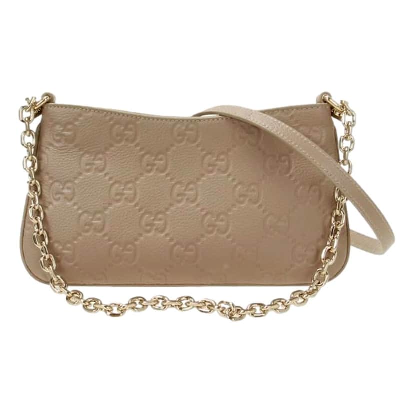 Gucci Gucci GG Logo Small Leather Shoulder Bag with Chain Strap in Beige Brown Leather Never worn - Front View