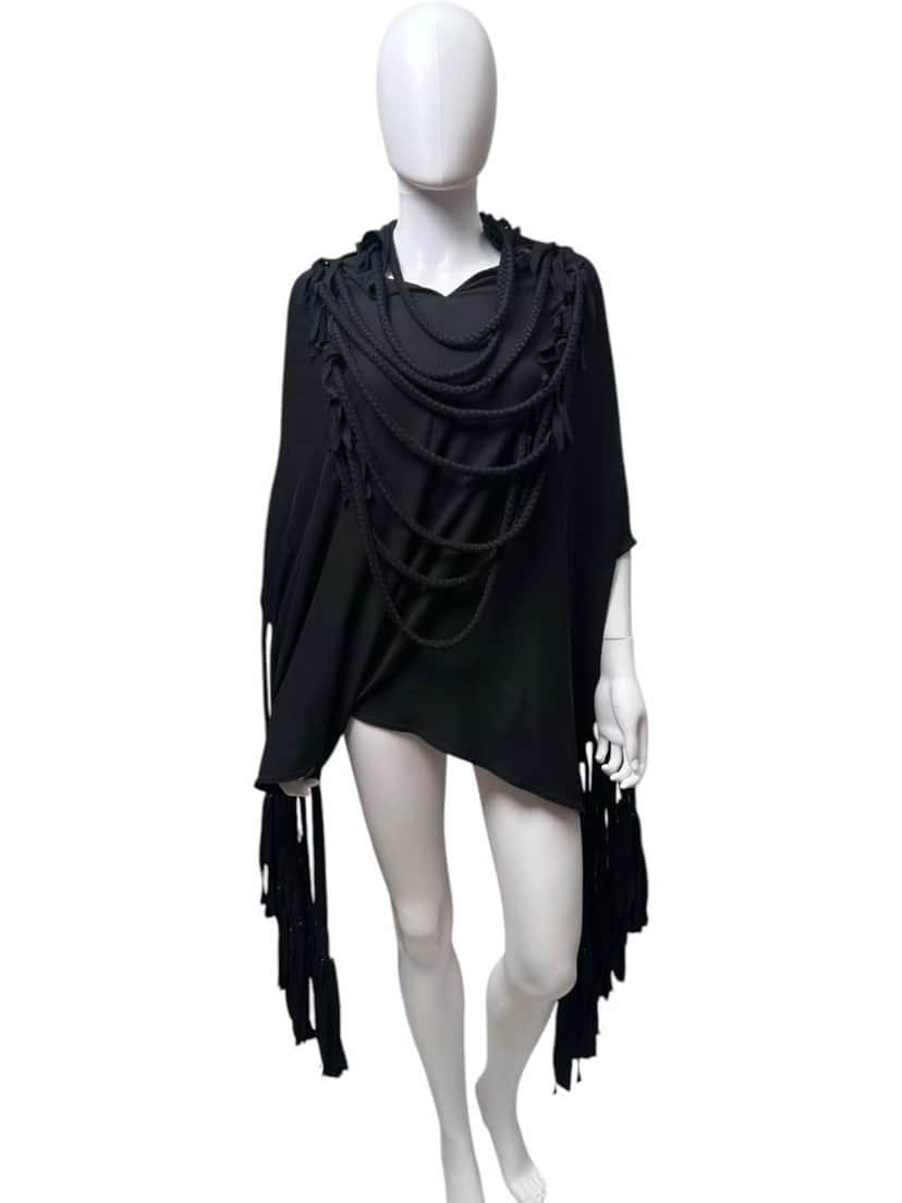 Junya Watanabe Black Fringe Cape Black Silk Very good condition - Front View