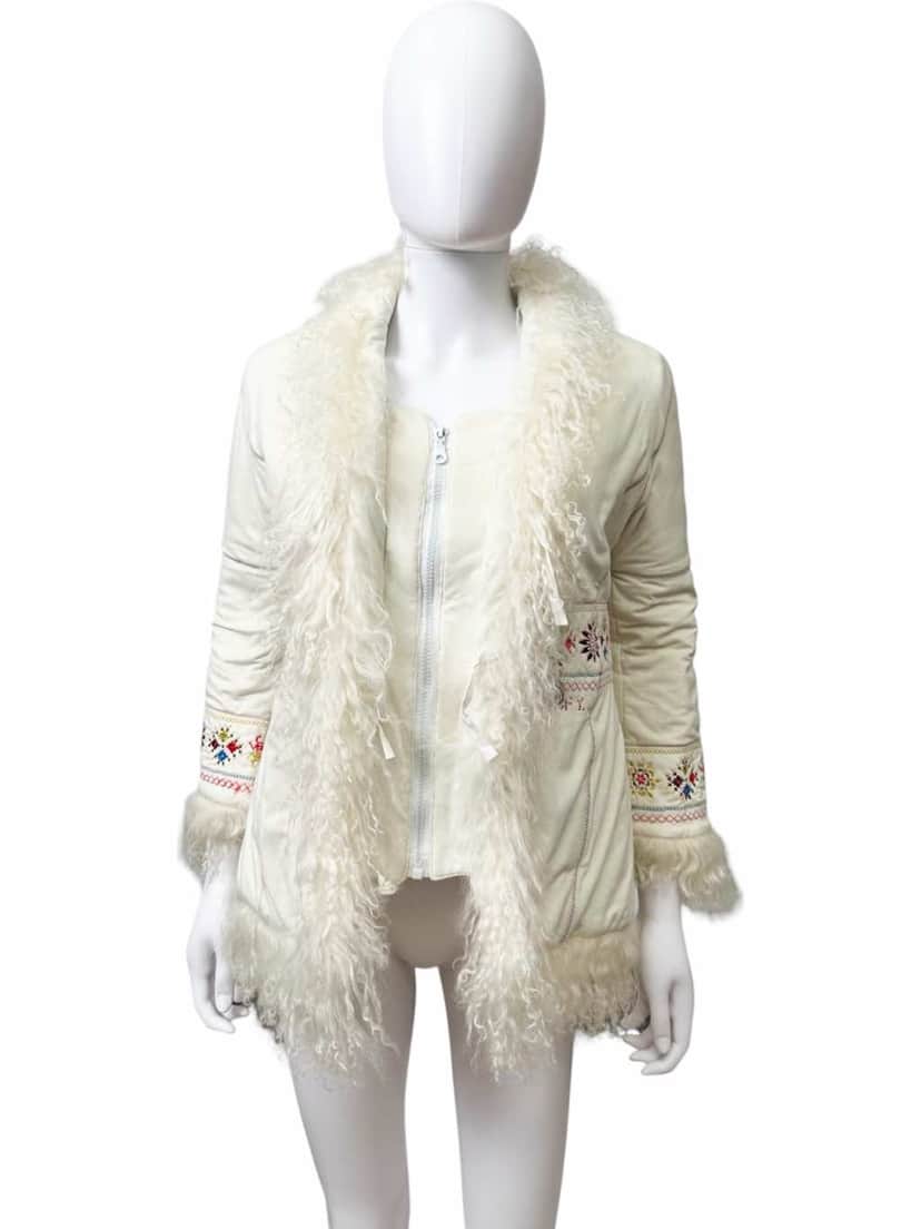 Versace Embroidered Afghan Coat White Suede Very good condition - Front View