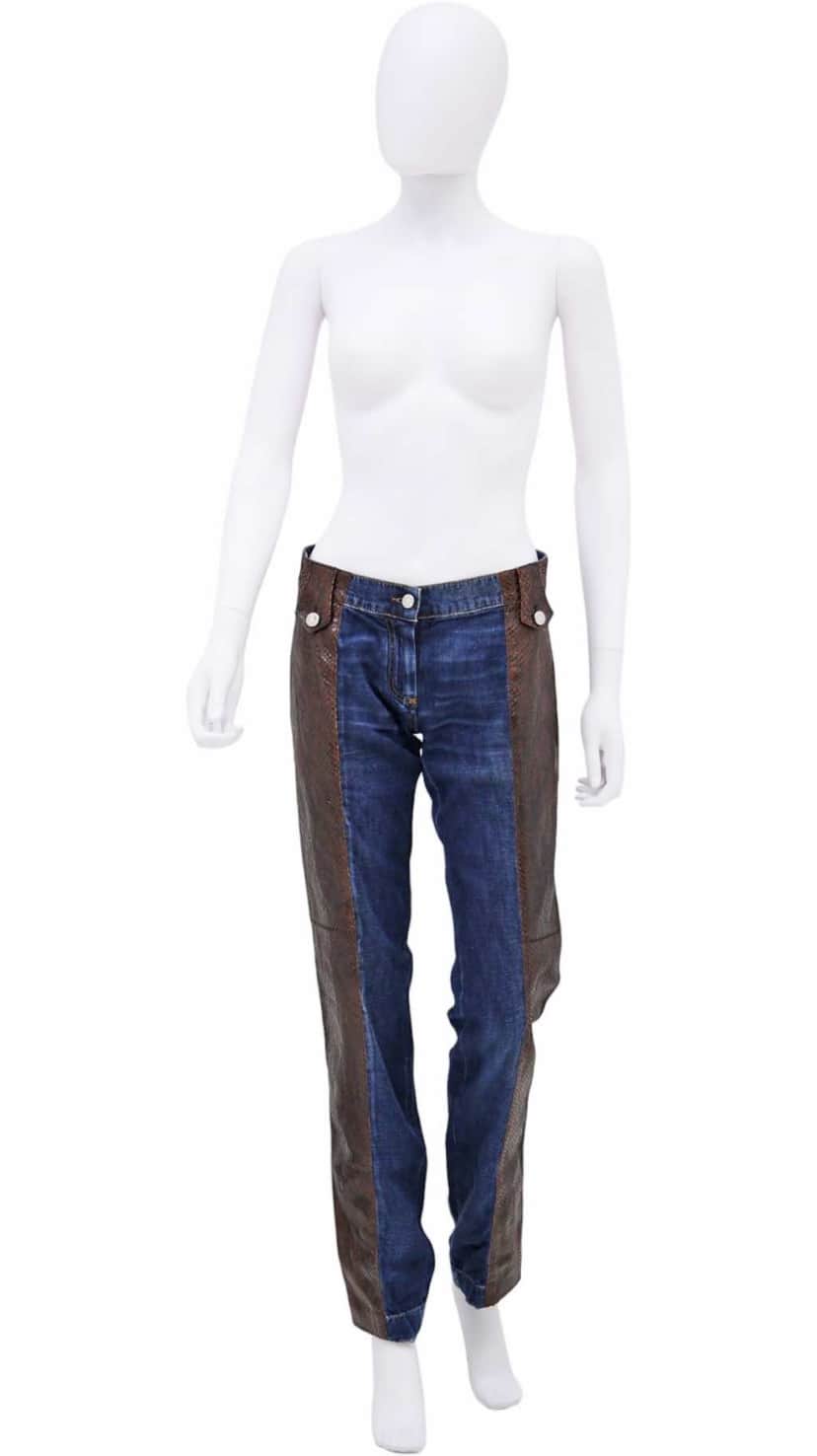 Dolce & Gabbana Brown Python Leather Patched Blue Jeans Blue Denim Very good condition - Front View