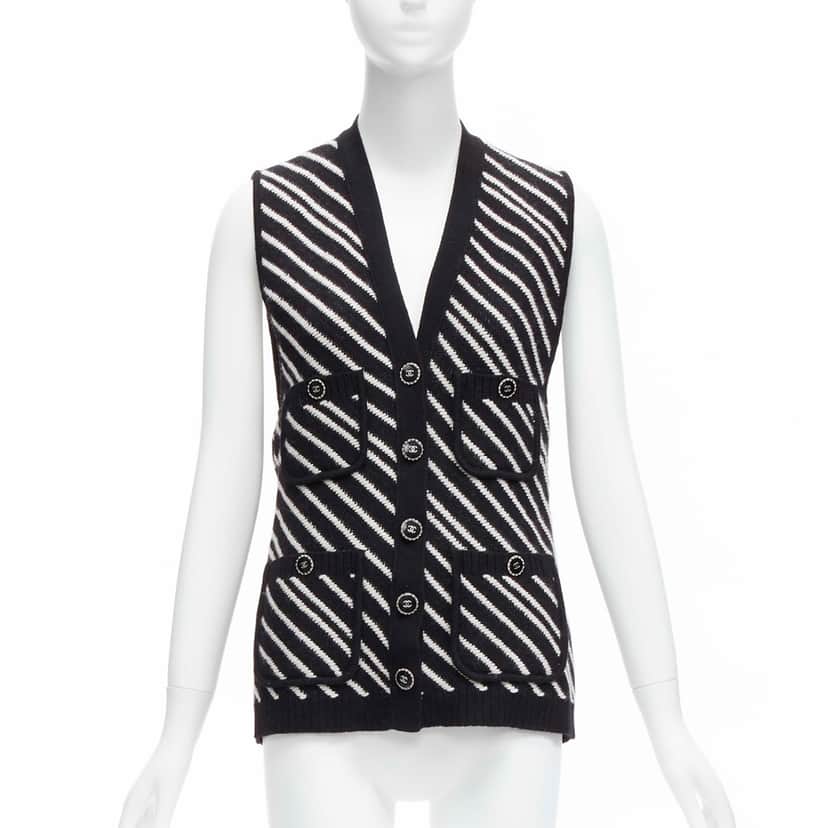 Chanel Striped Pocket Vest Black Cashmere Never worn - Front View