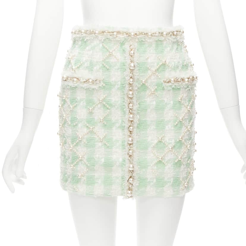 Balmain Tweed Pearl Skirt Green Polyamide Never worn - Front View