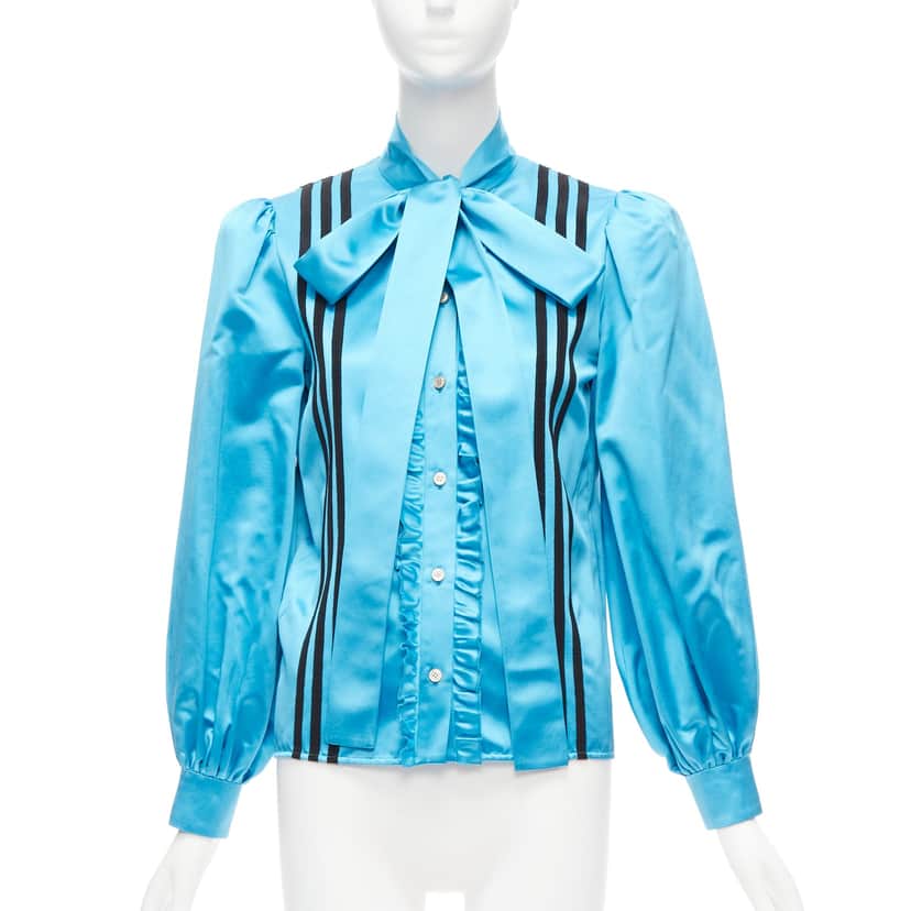 Gucci 3 Stripe Blouse Blue Silk Very good condition - Front View