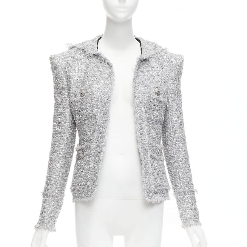 Balmain Silver Metallic Boucle Jacket Silver Polyester Never worn - Front View