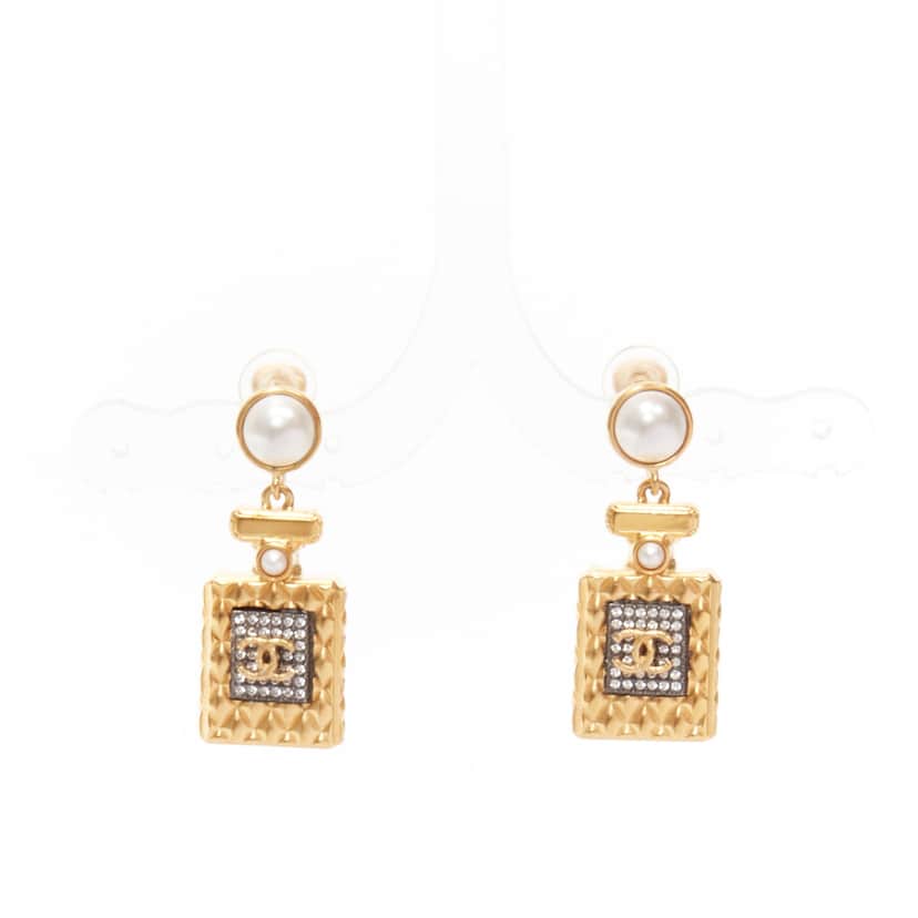 Chanel Perfume Bottle Earrings Gold Metal Never worn - Front View
