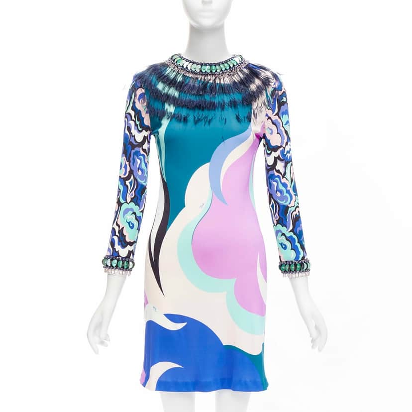 Emilio Pucci Feather Embellished Dress MultiColor Very good condition - Front View