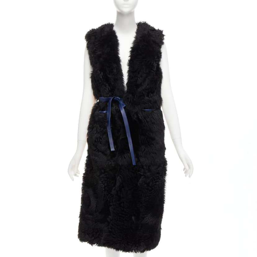Marni Black Shearling Belted Coat Black Leather Never worn - Front View
