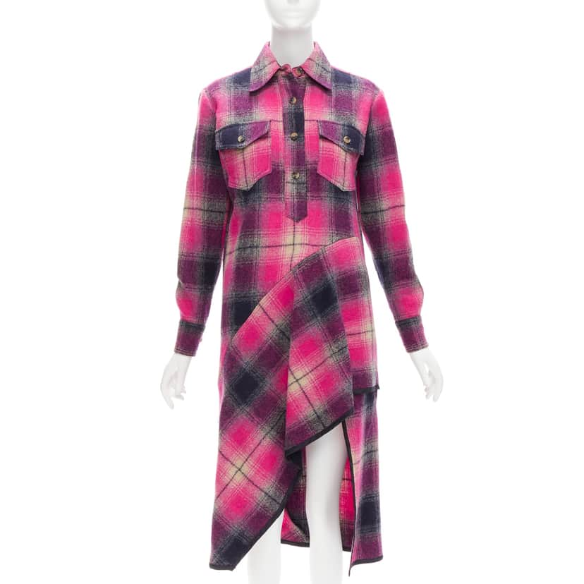 Dries Van Noten Plaid Bias Dress Pink Wool Never worn - Front View