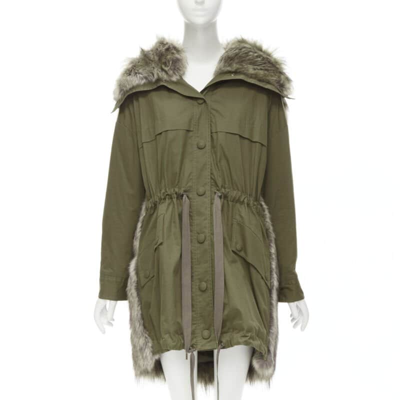 Stella McCartney Faux Fur Drawstring Parka Green Cotton Never worn - Front View