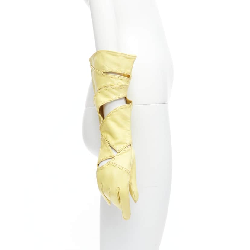 Claude Montana Striped Mitten Gloves Yellow Leather Fair condition - Front View