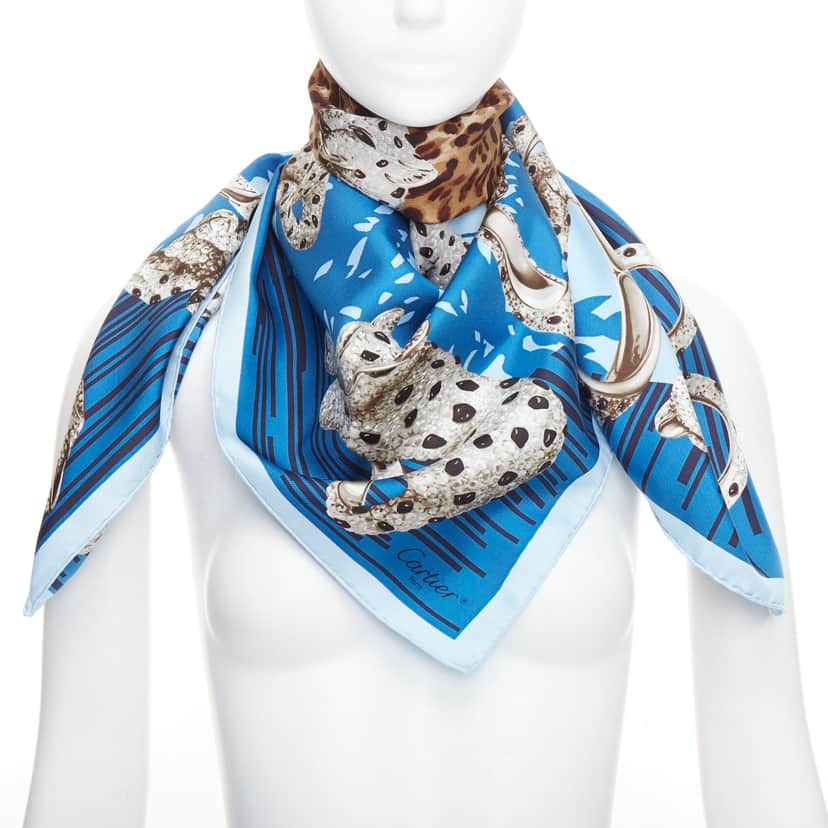 Cartier Leopard Ring Scarf Blue Silk Never worn - Front View