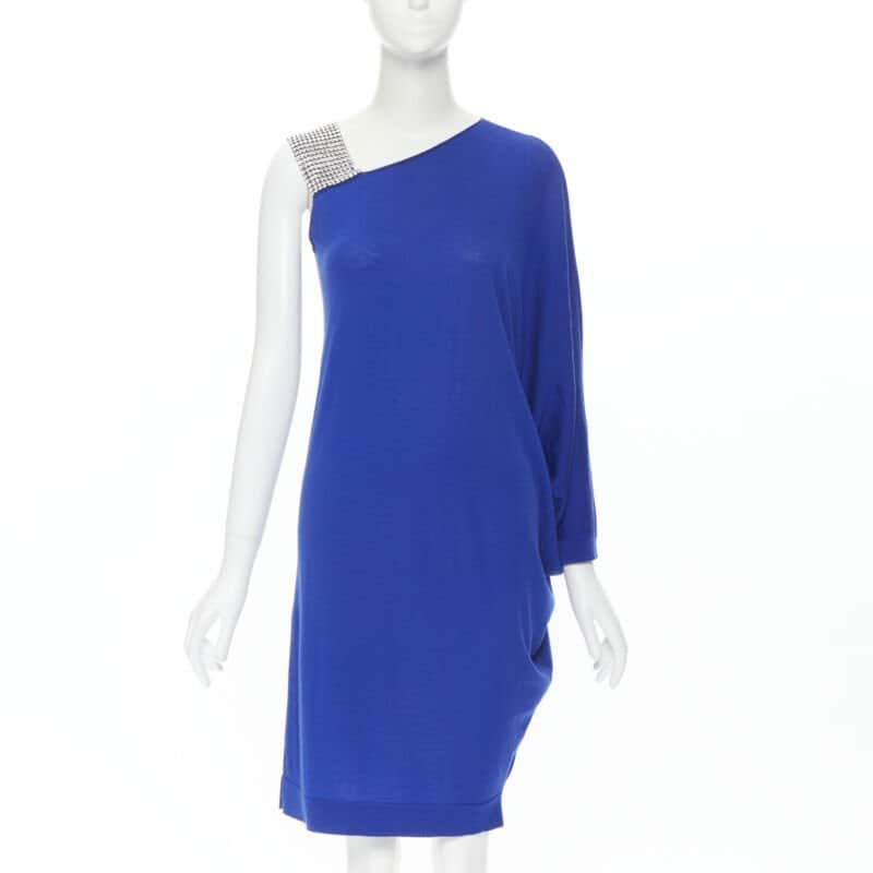 Balmain Crystal Strap Dress Blue Wool Never worn - Front View