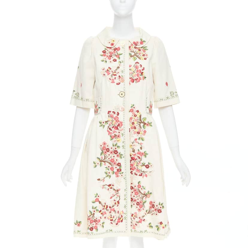 Kenzo Floral Coat Dress Beige Cotton Good condition - Front View