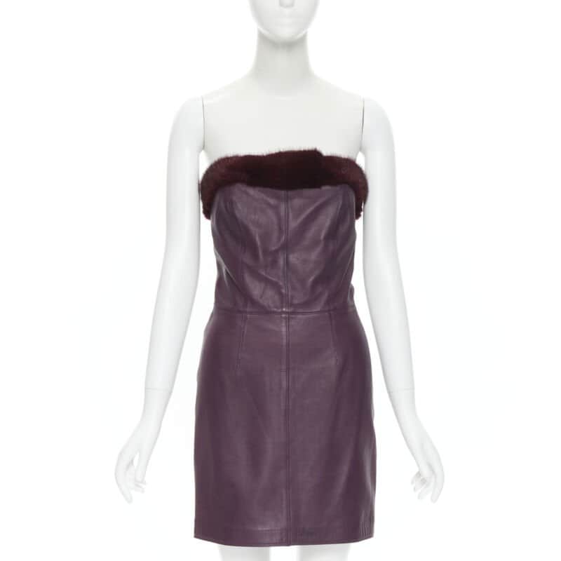 Gianni Versace Leather Strapless Dress Purple Leather Fair condition - Front View