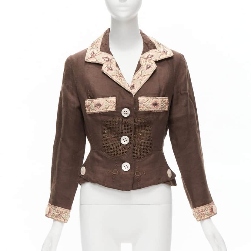 Unsigned Embroidery Blazer Brown Linen Never worn - Front View