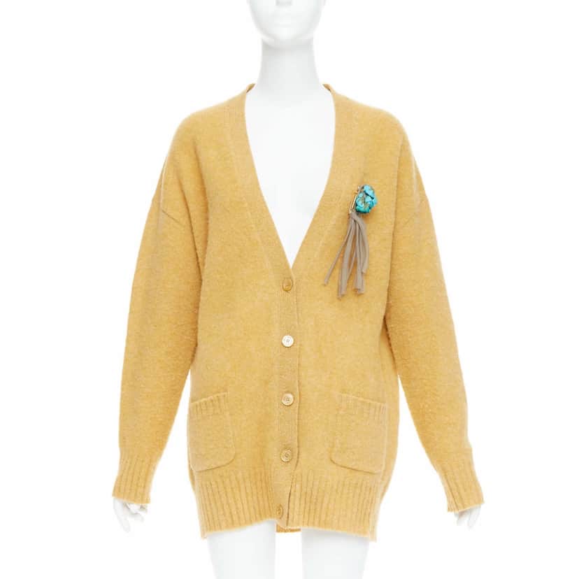 Gucci Floral Brooch Cardigan Yellow Wool Very good condition - Front View