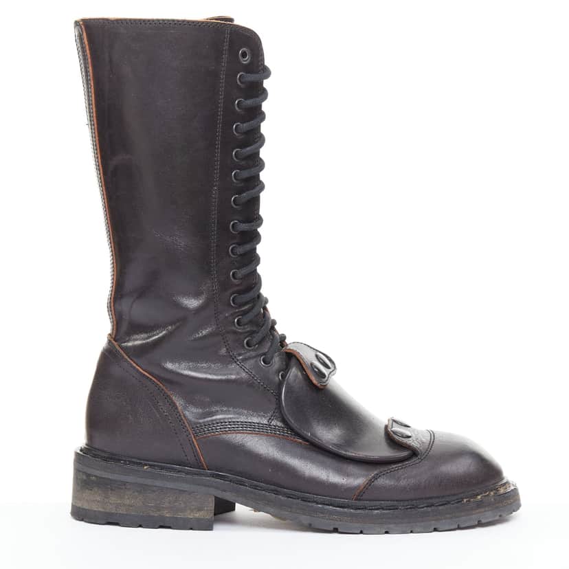 Ann Demeulemeester Panelled Long Flat Boots Black Leather Very good condition - Front View