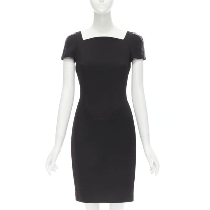 Versace Leather Seam Dress Black Wool Never worn - Front View
