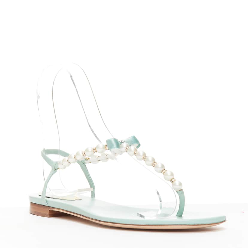 Rene Caovilla Bow T-Strap Sandals Green Leather Never worn - Front View