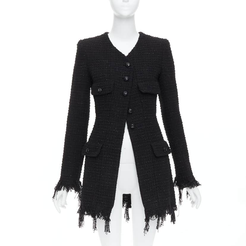 Chanel Black Tweed Fringe Jacket Black Cotton Very good condition - Front View
