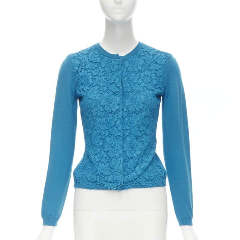 Valentino Garavani Floral Lace Cardigan Blue Wool Never worn - Front View