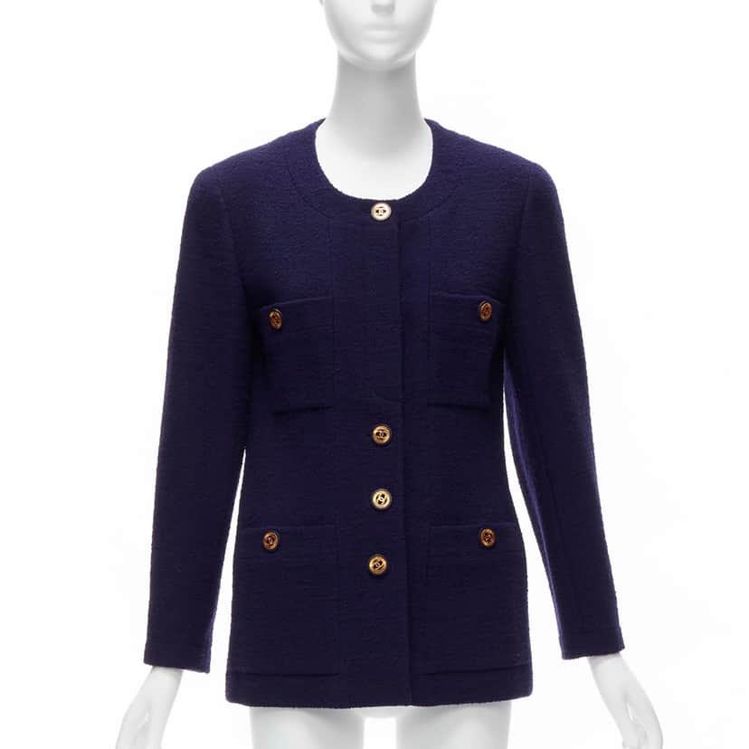 Chanel Navy Gold Pocket Jacket Blue Wool Never worn - Front View