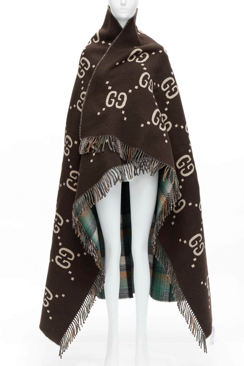 Gucci Plaid Blanket Scarf Green Wool Never worn - Front View