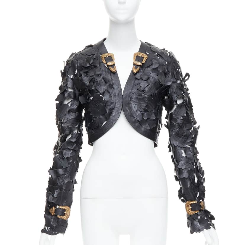 Alexander McQueen Black Floral Leather Jacket Black Leather Very good condition - Front View