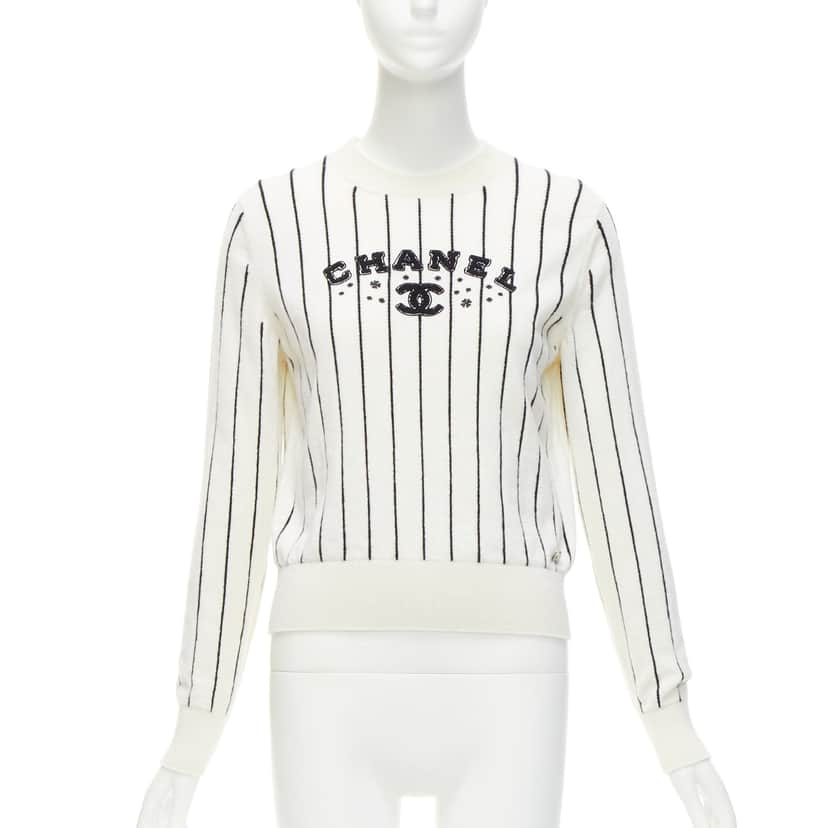 Chanel Striped Varsity Sweater White Cashmere Never worn - Front View