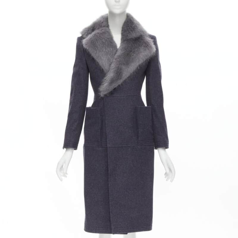 Thom Browne Grey Fur Collar Coat Grey Wool Never worn - Front View