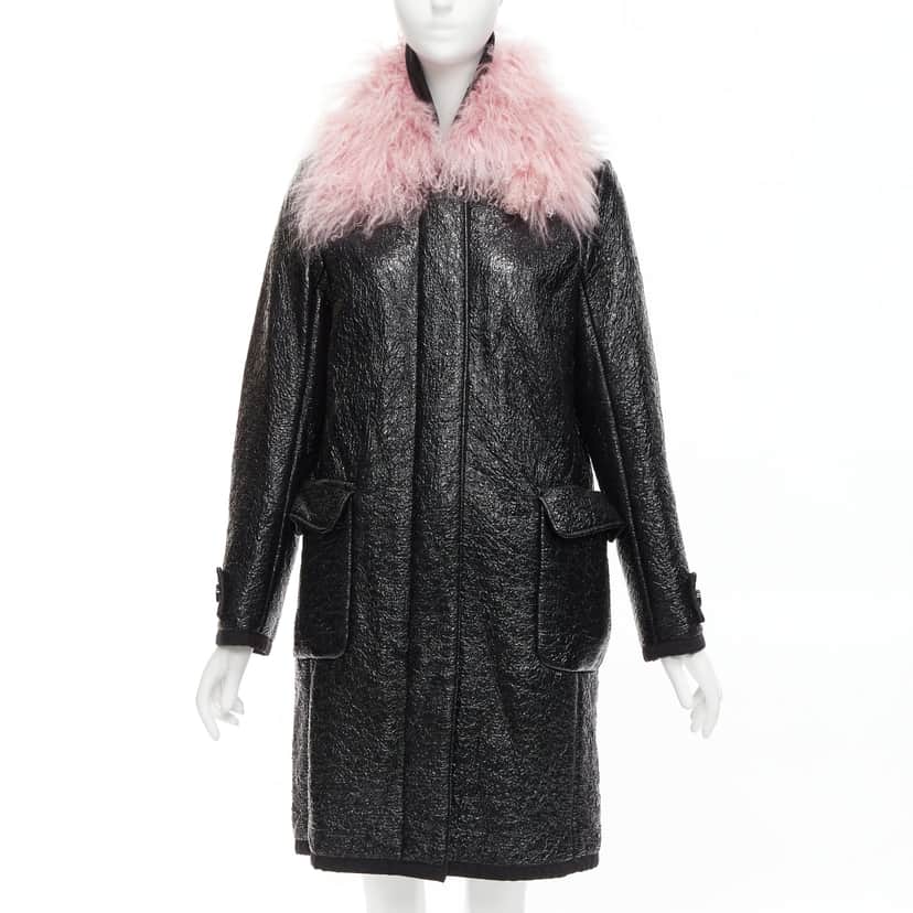 Moncler Pink Fur Wool Coat Black Fur Never worn - Front View