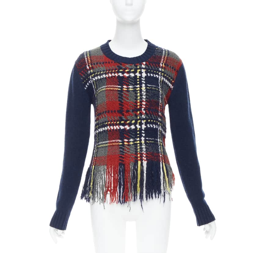Dior Plaid Fringe Sweater Navy Cashmere Very good condition - Front View