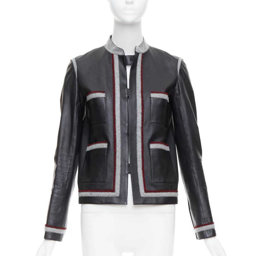 Chanel Wool Trim Pocket Jacket Black Leather Good condition - Front View