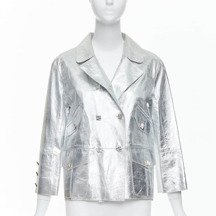 Louis Vuitton Crystal Button Jacket Silver Leather Good condition - Front View