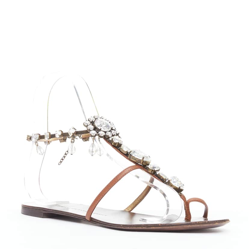 Giuseppe Zanotti Crystal Charm Sandals Brown Leather Good condition - Front View