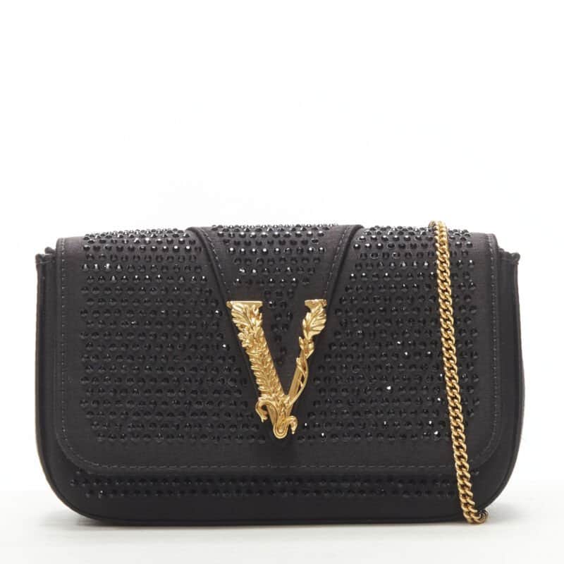 Versace Crystal Virtus Clutch Black Silk Never worn, with tag - Front View