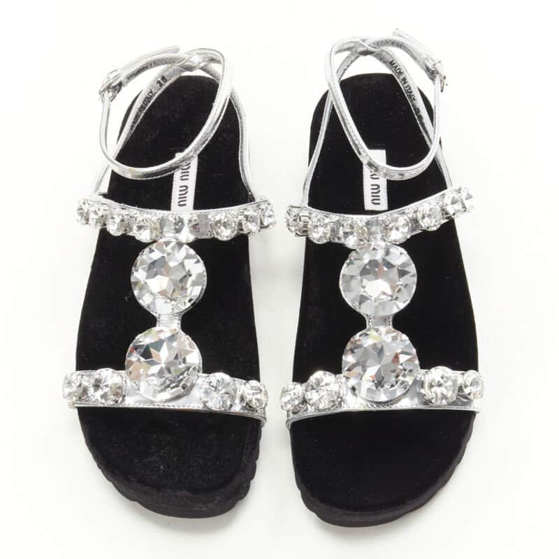 Miu Miu Rhinestone Sandals Silver Leather Never worn - Front View