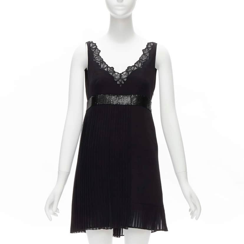 Versace Chainmail Trim Dress Black Silk Never worn - Front View