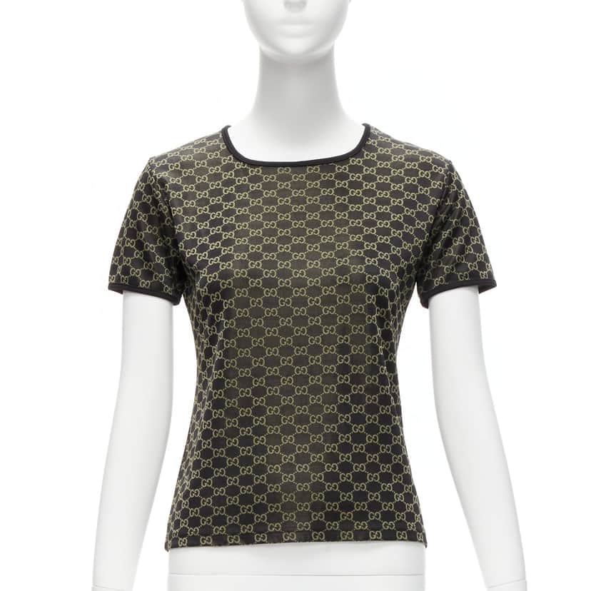 Gucci Monogram Ringer Top Gold Polyester Never worn - Front View