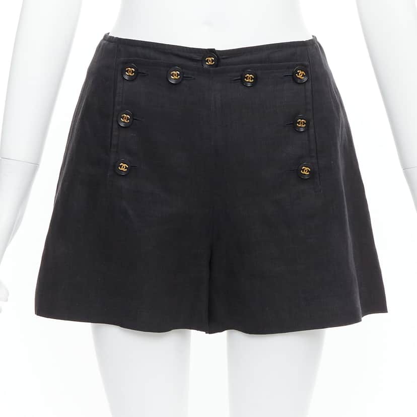 Chanel Gold Sailor Shorts Black Linen Never worn - Front View
