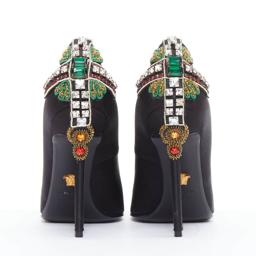 Versace Satin Cross Heels Black Silk Very good condition - Front View