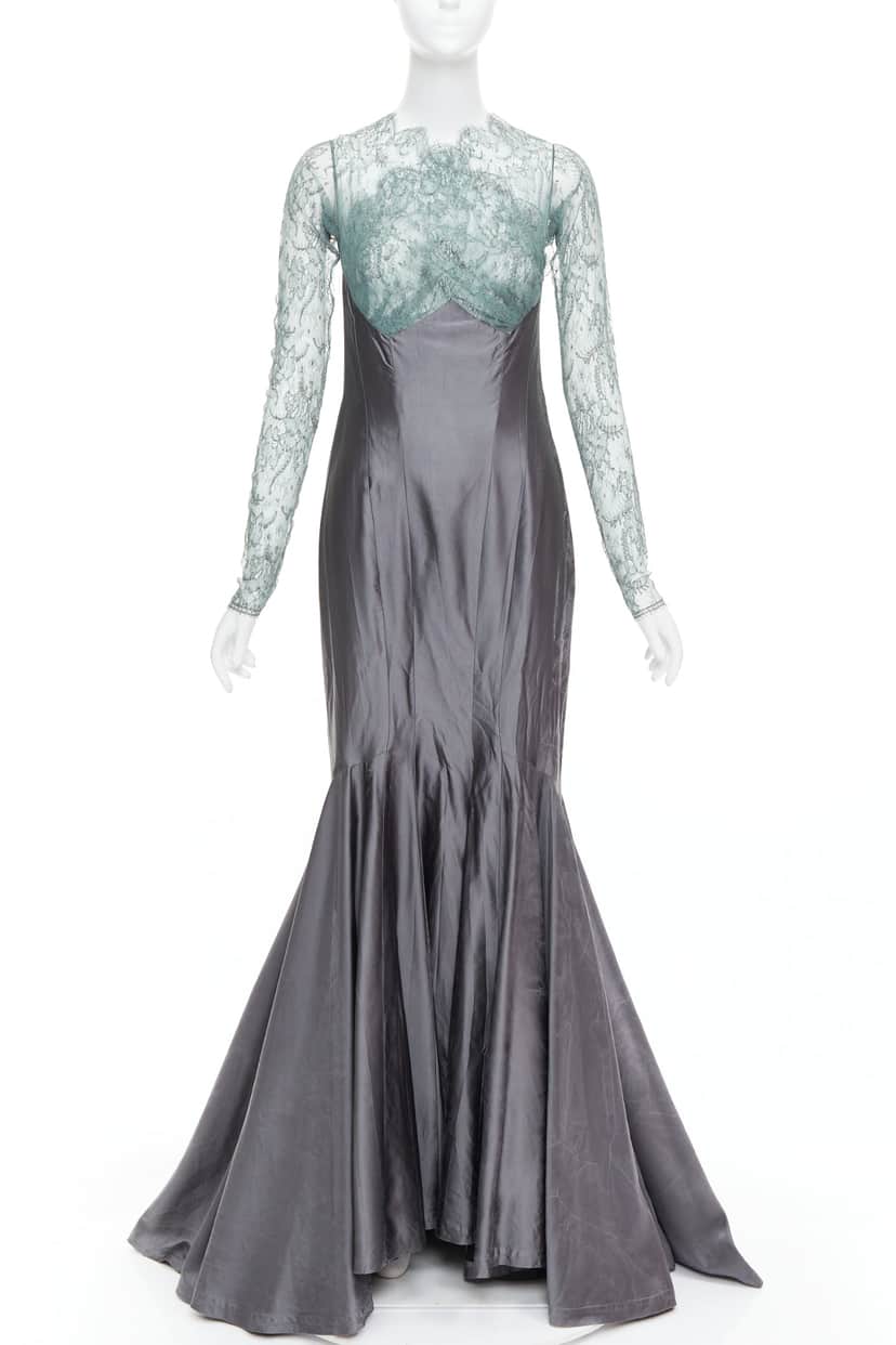 Guy Laroche Crossover Mermaid Gown Green Silk Fair condition - Front View