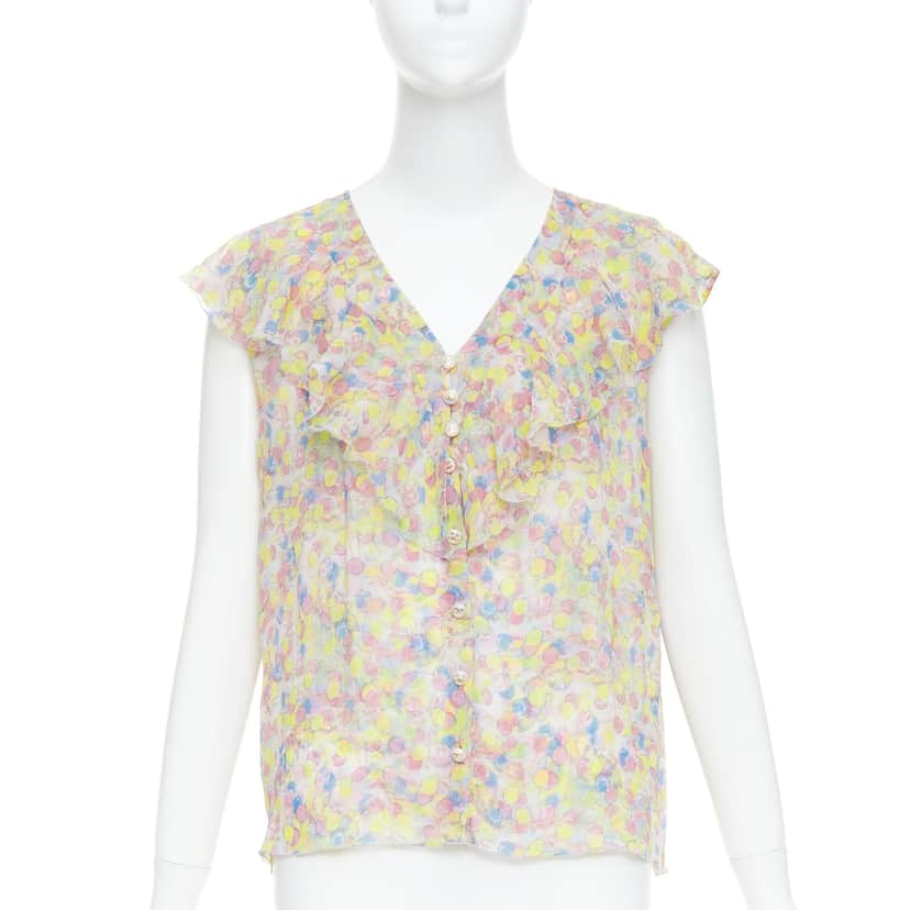 Chanel Pastel CC Ruffle Blouse MultiColor Silk Very good condition - Front View