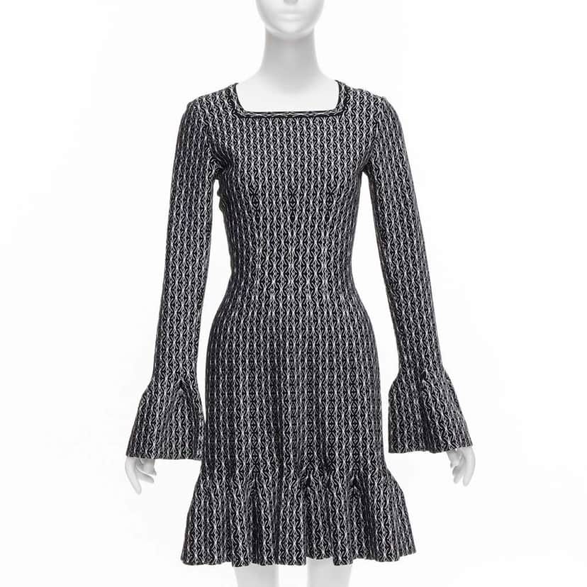 Alaïa Jacquard Flared Dress Black Wool Never worn, with tag - Front View