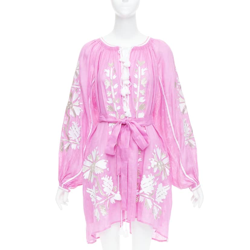 Unsigned Embroidery Boho Dress Pink Linen Never worn, with tag - Front View