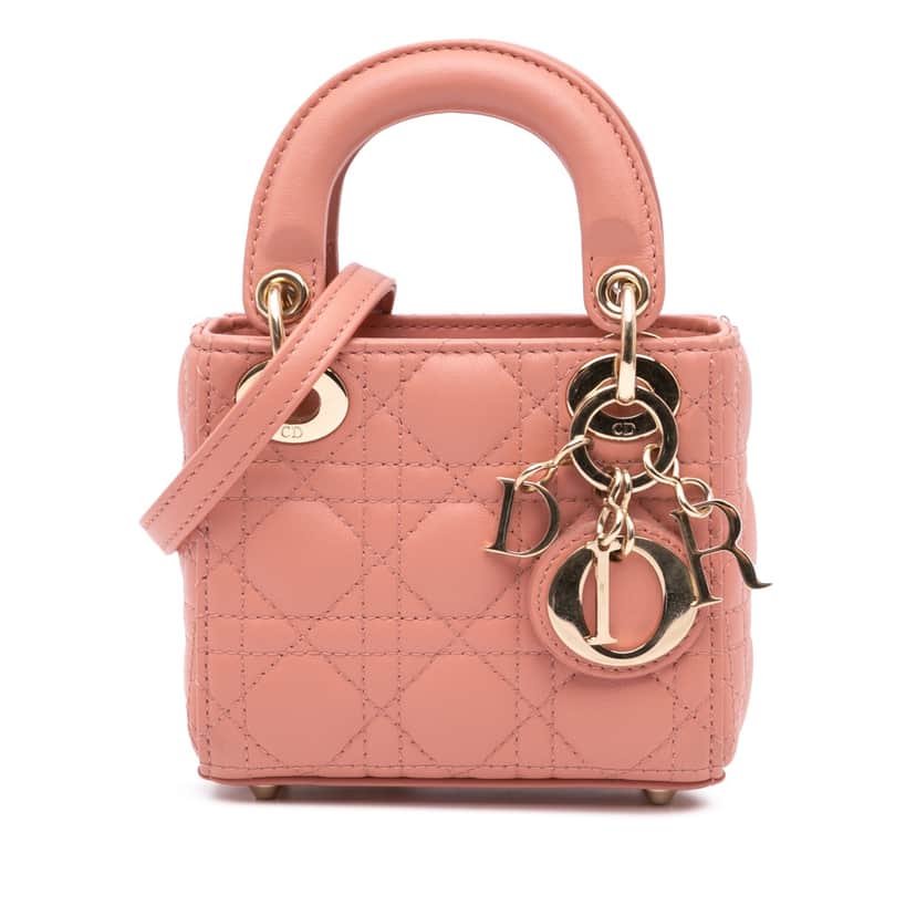 Dior Micro Lambskin Cannage Lady Dior Pink Leather Good condition - Front View