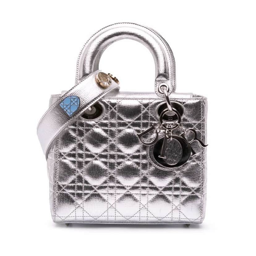 Dior Small Metallic Grained Calfskin Cannage My ABCDior Lady Dior Silver Leather Good condition - Front View